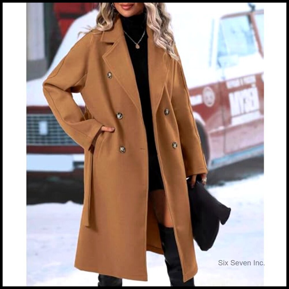 Women's Double Breasted Wool Pea Coat with Belt, Notch Lapel, Long Sleeve - Picture 3 of 5